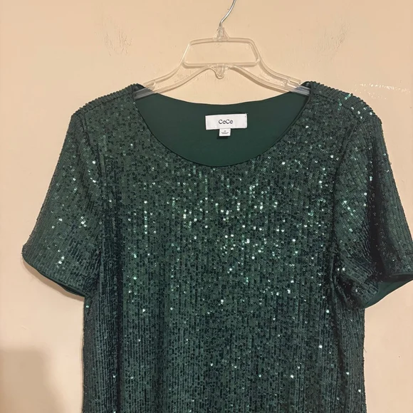 CeCe Emerald Green Sequin Godet Short Sleeve Shimmer Dress M - Picture 4 of 14